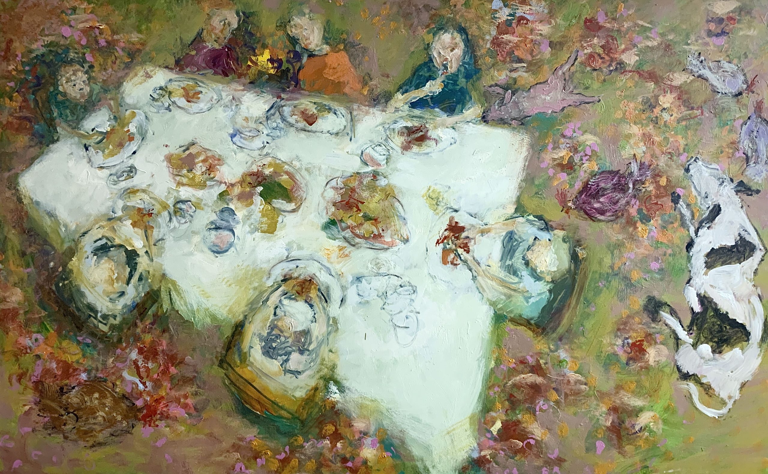 Lunch with a cow, a pig and chickens